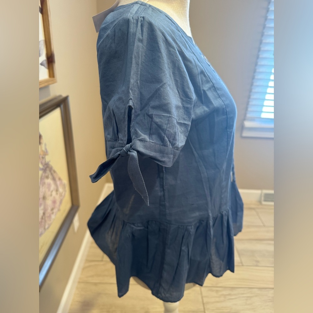 NWT! J.CREW Embroidered Tie-Sleeve Chambray Blue Peplum Top - Picture 4 of 8
